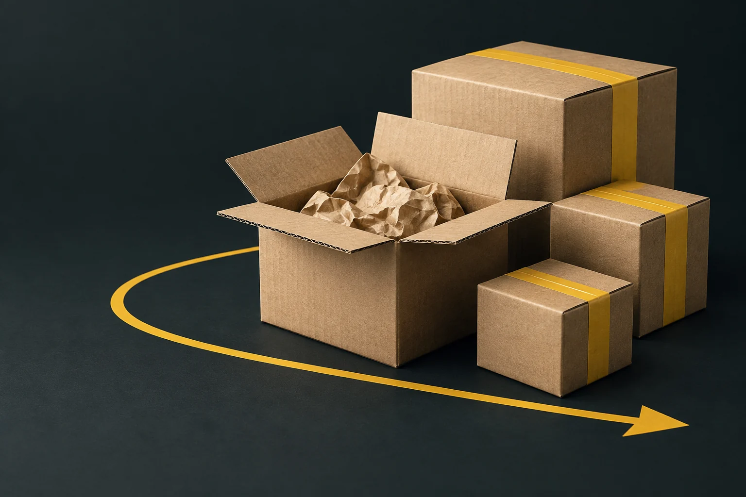 Illustration of parcels and packing materials, with yellow tape marking the path from storage to dispatch.